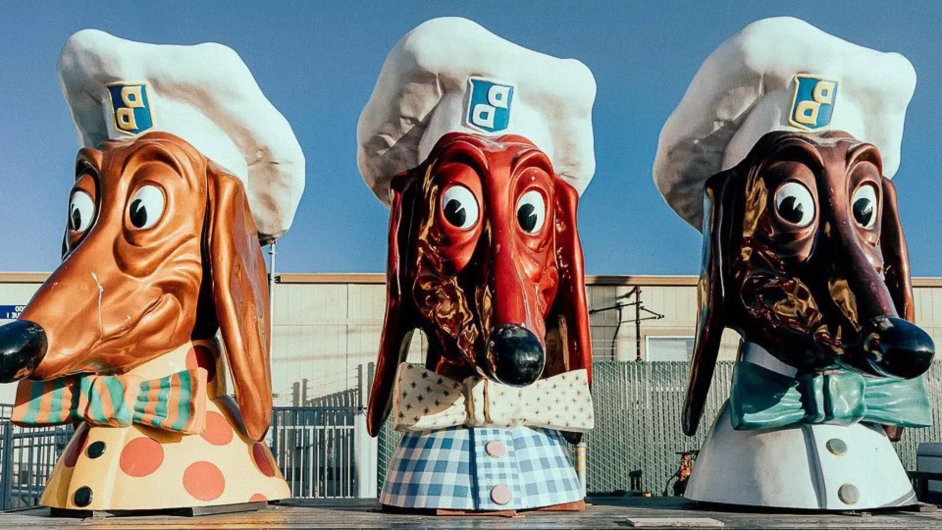 Three of the famous Doggie Diner heads on display.