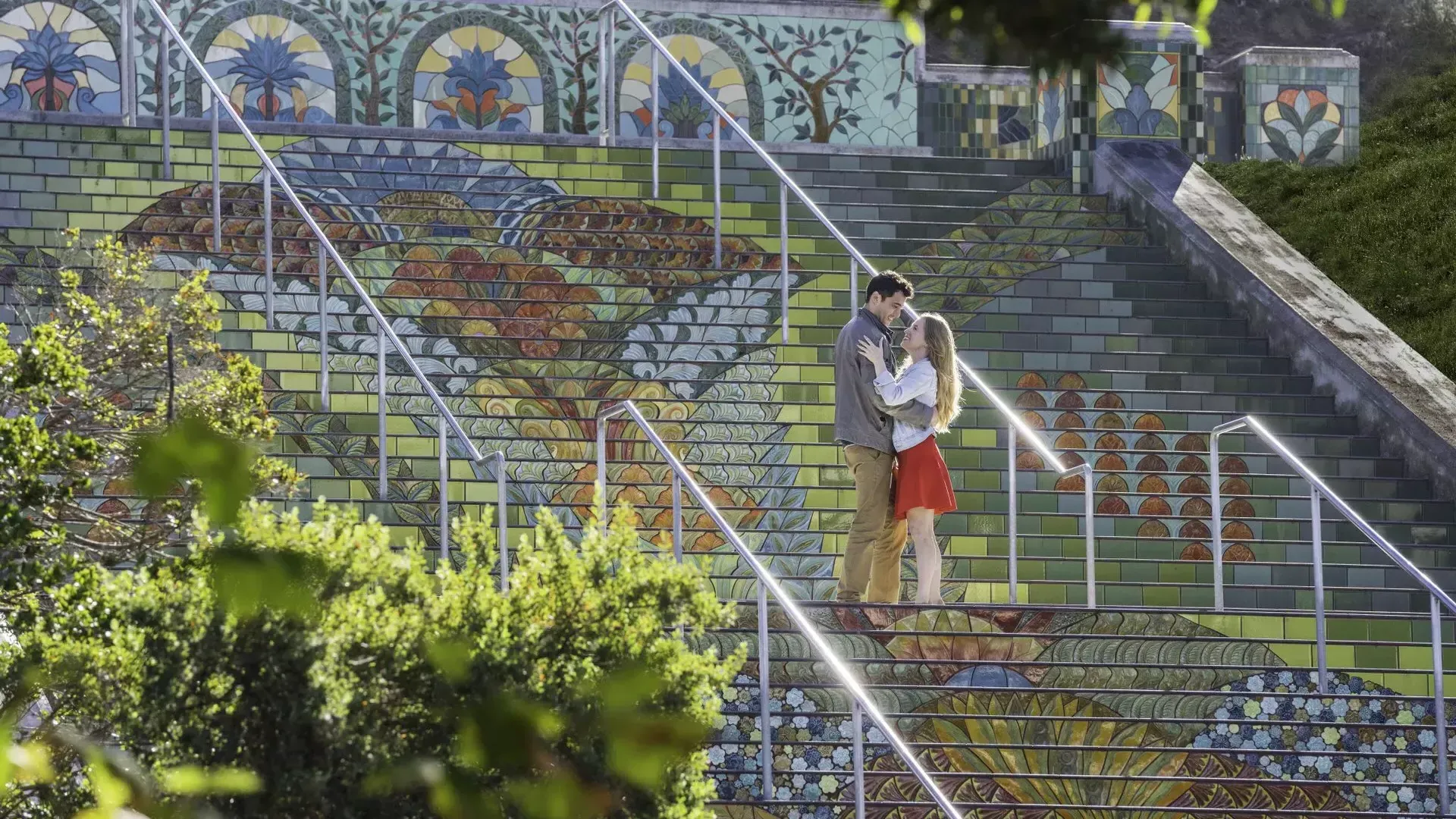 这张照片是从一对夫妇站在林肯公园五颜六色的瓷砖台阶上的角度拍摄的