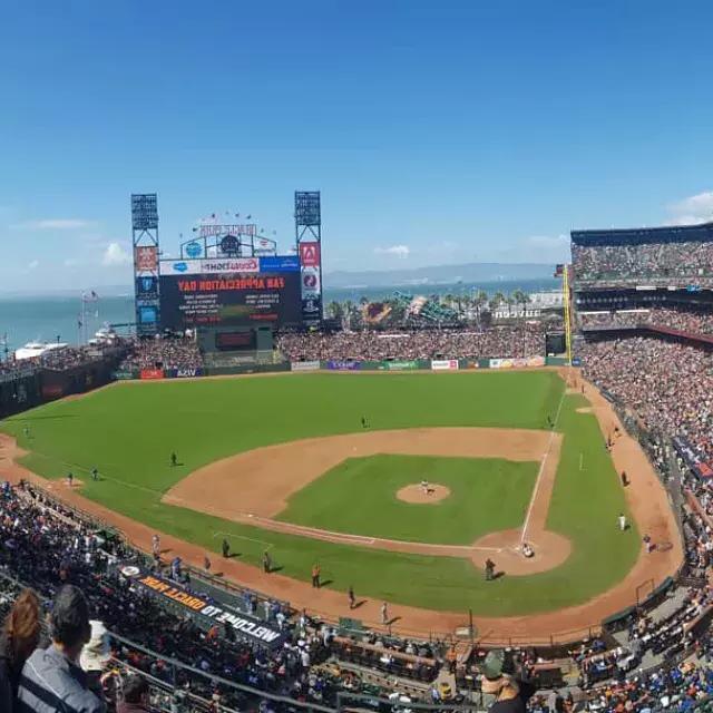 A view of San Francisco's Oracle Park looking out from the stands, with the baseball diamond in the foreground and San Francisco Bay in the background.