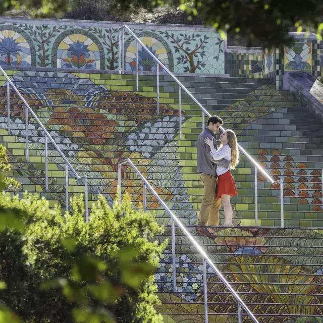 Foto scattata da un'angolazione di una coppia in piedi sui colorati gradini piastrellati di Lincoln Park